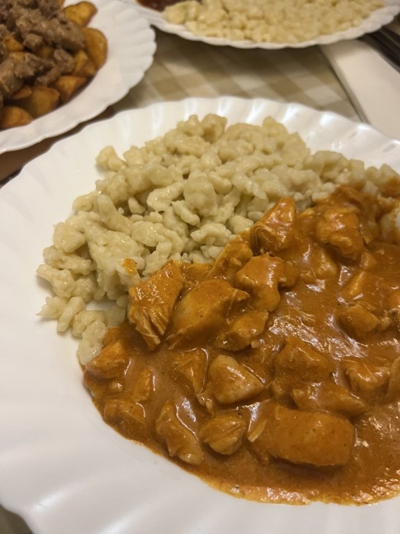 Paprika soslu tavuk ve nokedlinin yakın görünümü