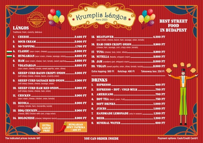 Krumplis Lángos Eylül 2026 ziyaret menüsünde lángos çeşitleri ve forint fiyatları