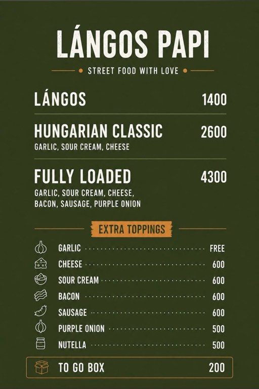 Langos Papi Eylül 2026 menüsü: Hungarian Classic 2.600 Ft, Fully Loaded 4.300 Ft