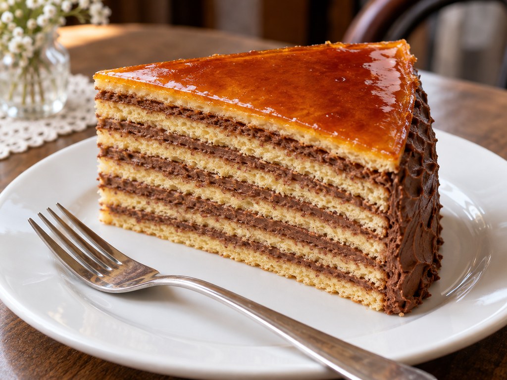 Karamel kaplı ince katmanlı Dobos torta dilimi