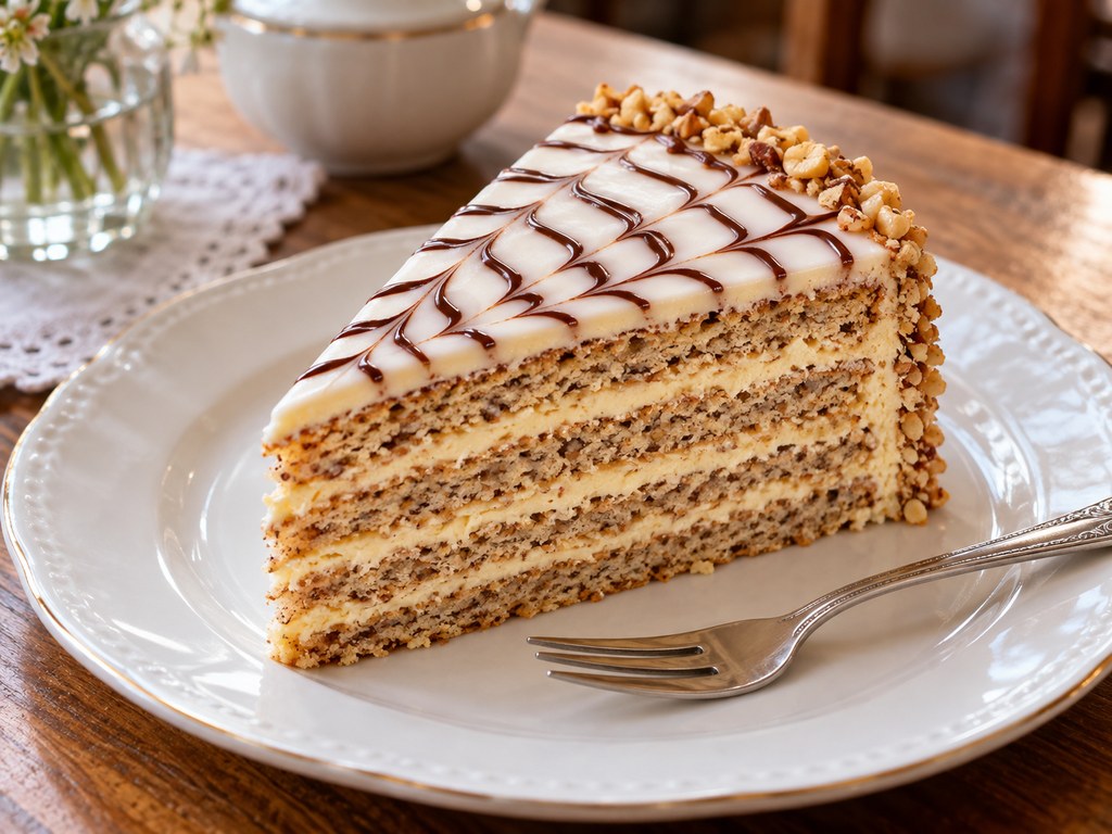 Beyaz glazür üzerinde çikolata desenli Esterházy torta dilimi