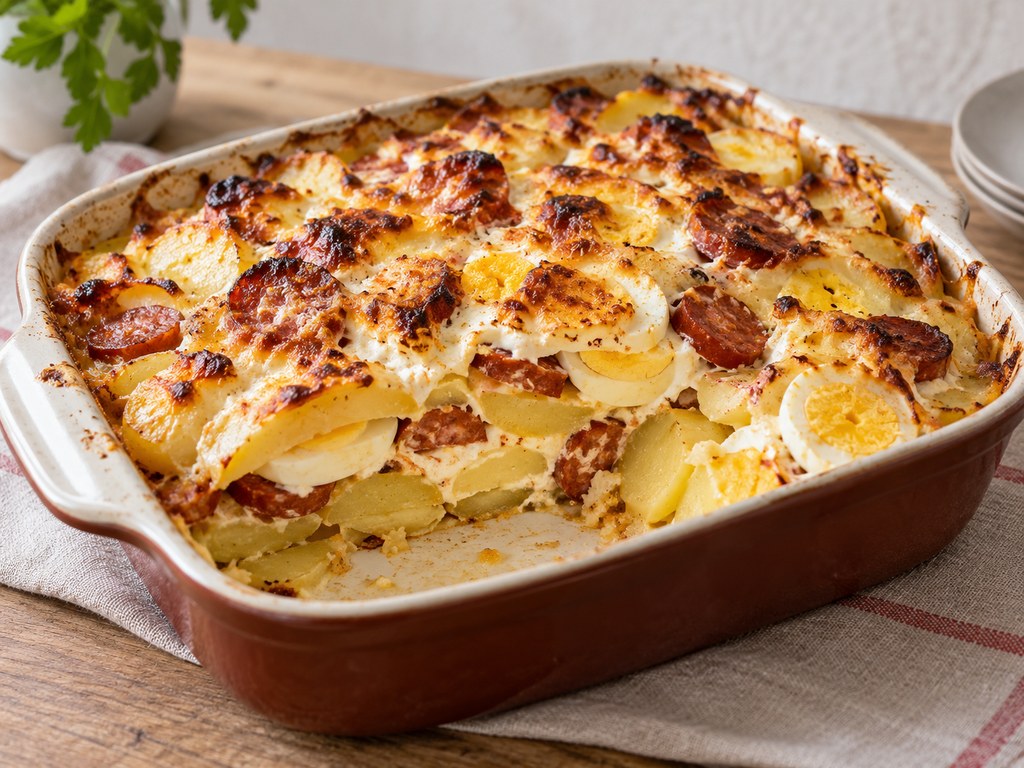 Patates, yumurta ve sucuk katmanlarıyla rakott krumpli