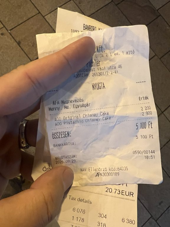 29 Eylül 2026 Pichler fişi: iki chimney cake toplam 5.100 HUF