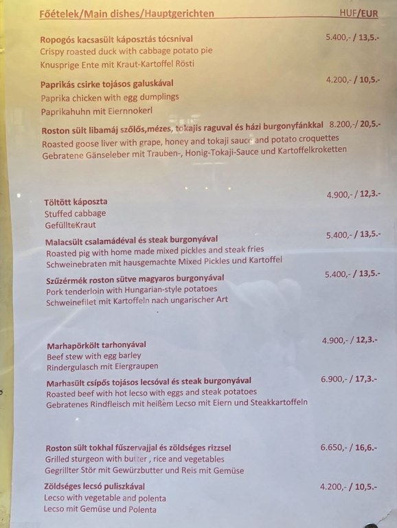 Pipa Étterem’in ziyaretimizde fotoğrafladığımız ana yemek menüsü ve fiyatları