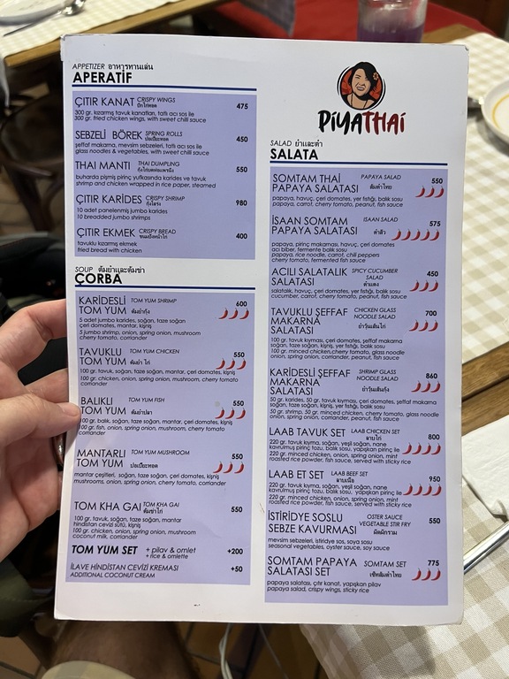 Piya Thai ziyaret menüsünde başlangıçlar, Tom Yum ve salatalar